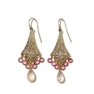 Light Gold Tone Pink Crystal Rose Quartz Chandelier Earrings